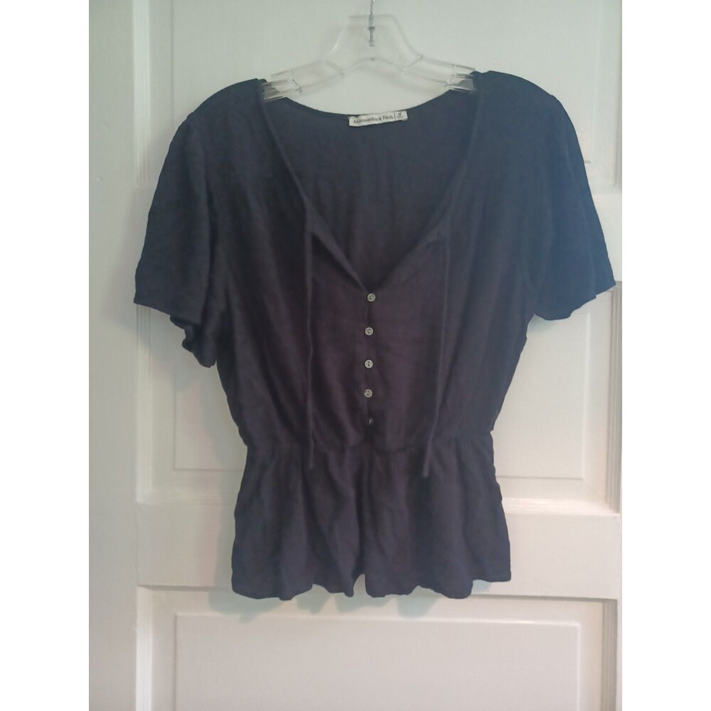 Abercrombie & Fitch black peplum blouse M tie neck elastic waist flowy top A&F